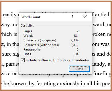 Detail of the Word Count feature on the Reviewing tab in Microsoft Word