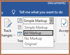 Drop-down box showing markup styles on the Review tab in Word