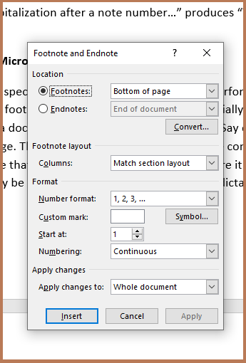 The footnote and endnote box in Microsoft Word.