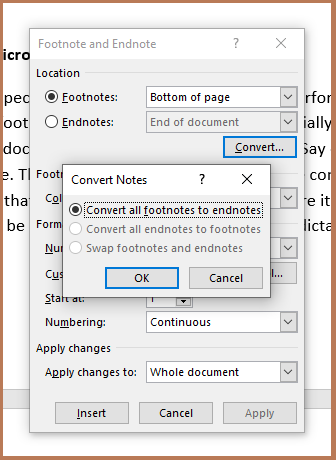 Detail of the Convert Notes feature in Microsoft Word